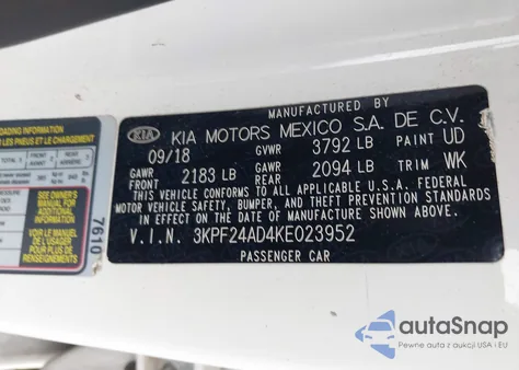 2019 Kia Forte Fe/Lx/Lxs z USA, uszkodzony, nr VIN 3KPF24AD4KE023952